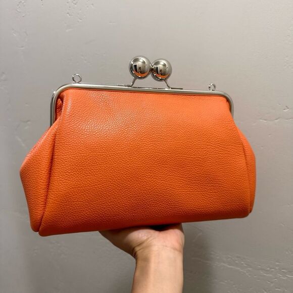 Orange Pebble Leather Handmade Large Balls Kiss Lock Handbag/ Multi Use Style - Picture 11 of 16